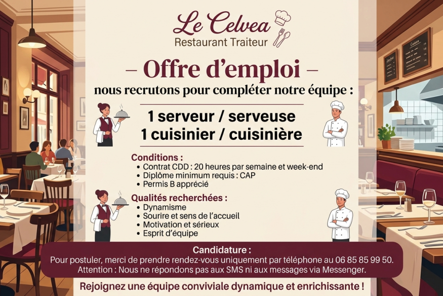 Caudry : OFFRE D'EMPLOI : Le Celvea Restaurant Traiteur recrute